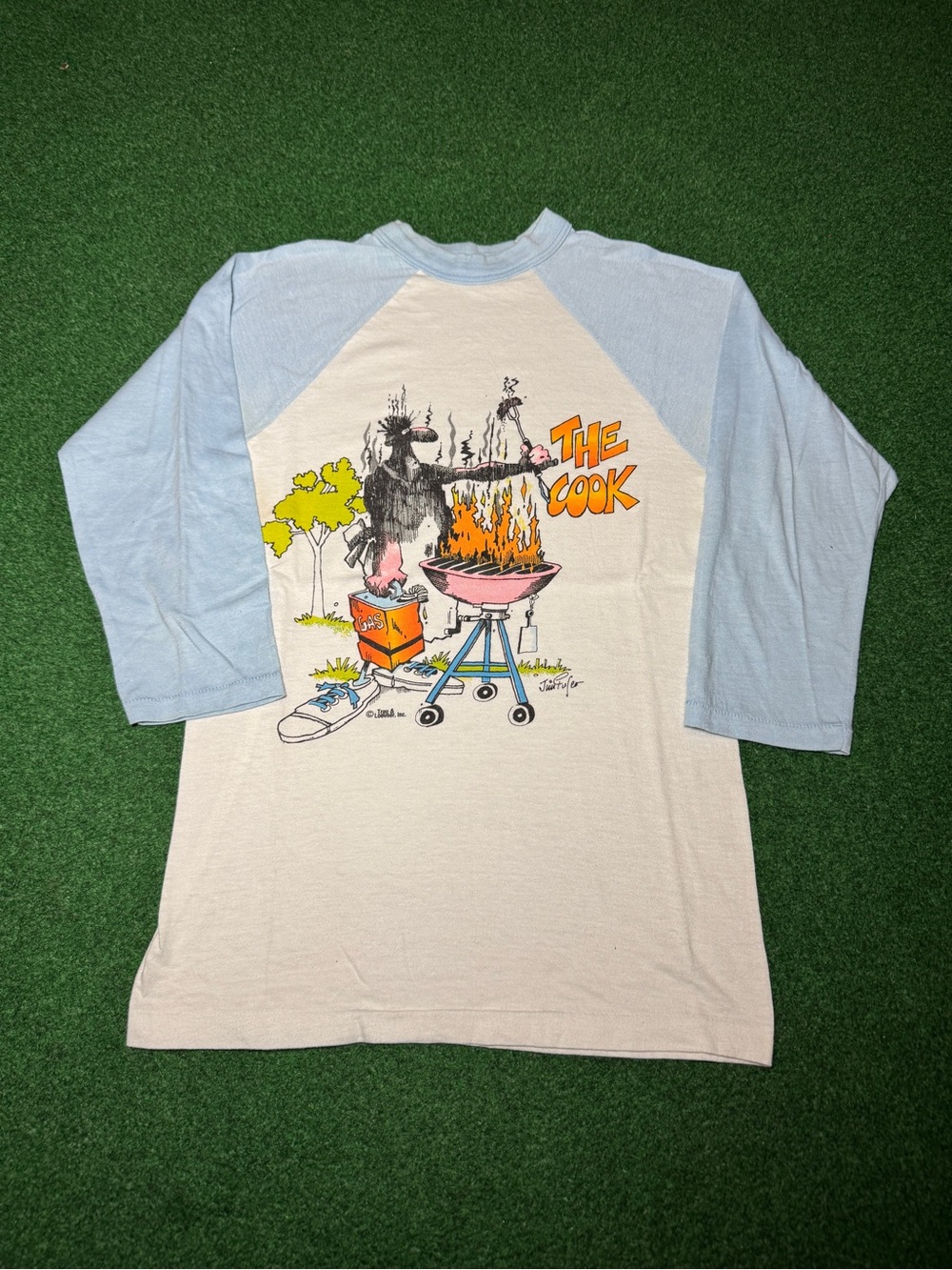 The Cook BBQ Vintage T Shirt Jim Fuller Comic Cartoon Raglan Sleeve S/M 16x27